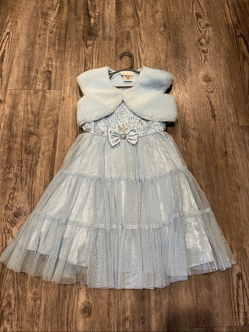 Jona Michelle Light Blue Sparkle Tulle Dress with Faux Fur Bolero